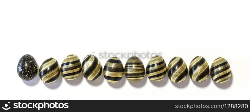 Raw of black and gold Easter eggs, balanced on its blunt end on grey background. Easter decoration seamless banner concept
