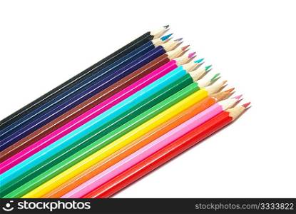 Raw of colored pencils with white isolation