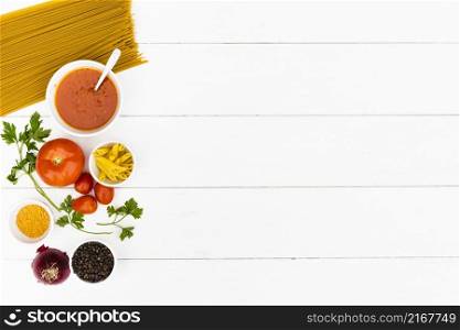 raw pasta tasty ingredient white wooden table