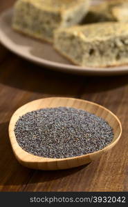 Raw poppy seeds on small wooden plate, poppy seed cake in the back, photographed with natural light (Very Shallow Depth of Field, Focus one third into the poppy seeds)