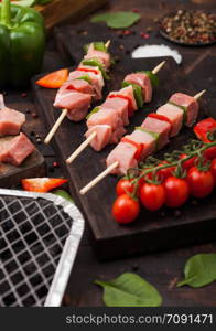 Raw pork kebab with paprika on chopping board with fresh vegetables and disposable charcoal grill on wooden background. Salt and pepper with lettuce and paprika pepper.