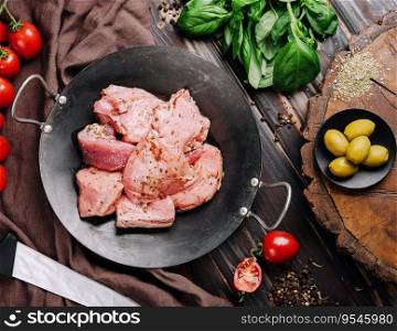 Raw pork meat heap for roast on pan