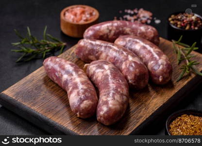 Raw pork sausages grill with spices and herbs on a dark concrete table. Cooking at home. Raw pork sausages grill with spices and herbs on a dark concrete table