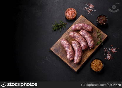 Raw pork sausages grill with spices and herbs on a dark concrete table. Cooking at home. Raw pork sausages grill with spices and herbs on a dark concrete table