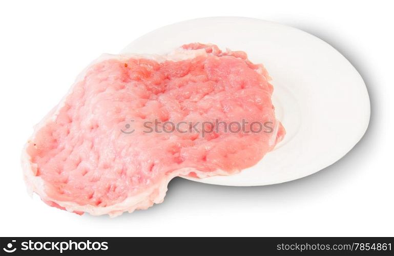 Raw Pork Schnitze On A White Platel Isolated On White Background