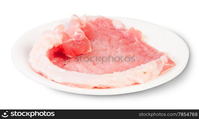 Raw Pork Schnitzel On A White Plate Isolated On White Background