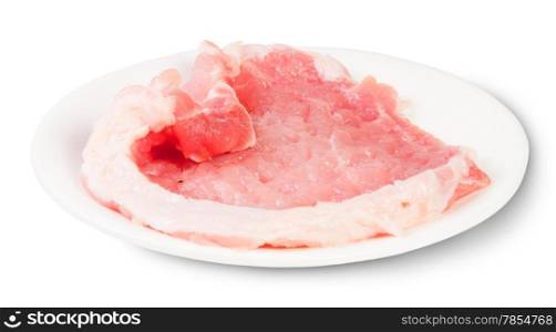 Raw Pork Schnitzel On A White Plate Isolated On White Background
