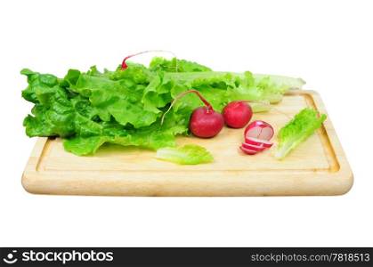 Raw pork steak and lettuce leaf on wooden board, isolated