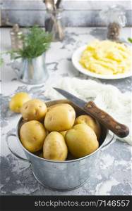 raw potato in metal bowl on a table