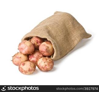 Raw potatoes in a hessian sack isolated on a white background with clipping path