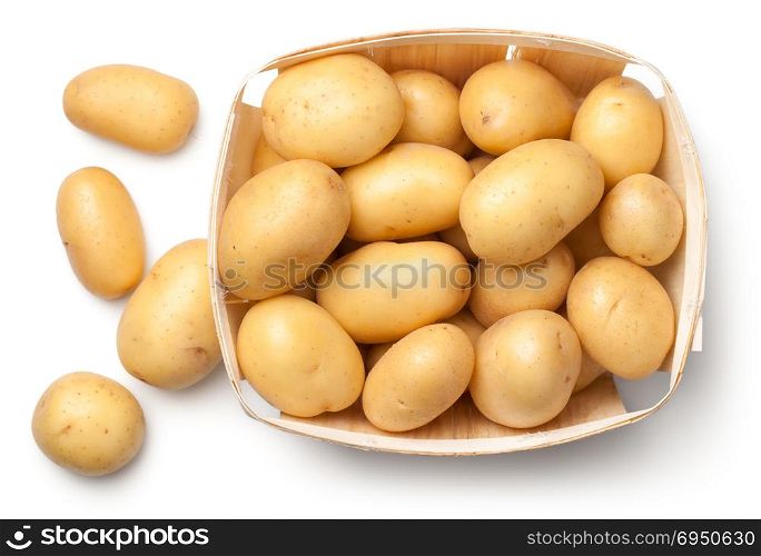 Raw potatoes in basket isolated on white background. Top view