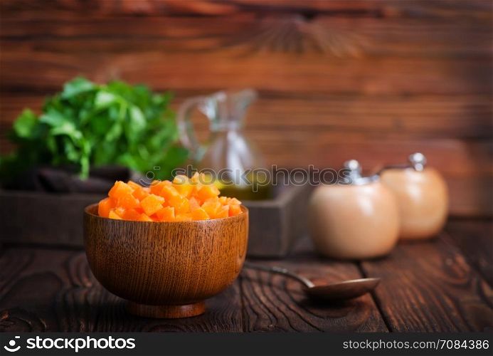 raw pumpkin in bowl,fresh cubes from pumpkin