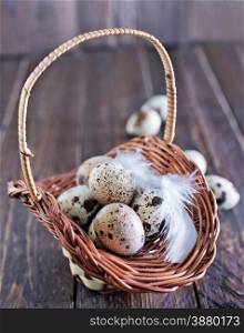 raw quail eggs in the basket and on a table