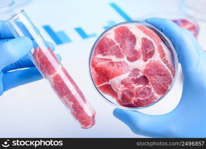 Raw red meat in scientist hands. Meat in laboratory test tube and in lab Petri dish.