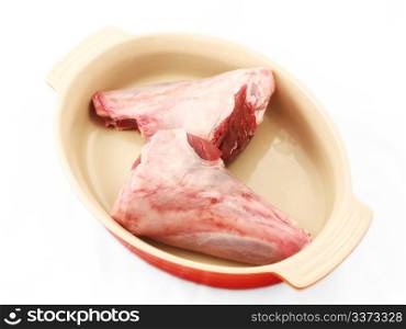 Raw red meat. Raw red meat, chopped, in a dutch oven, unseasoned