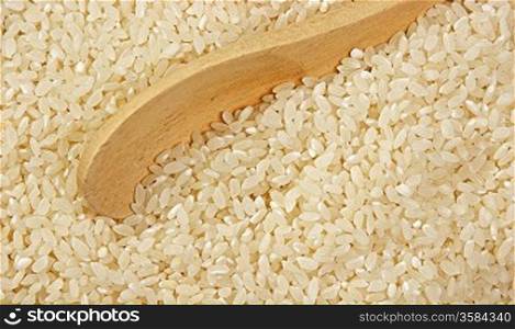 raw rice and wooden spoon