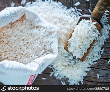 raw rice in bag and on a table