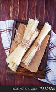 raw rice noodles on the wooden board and on a table