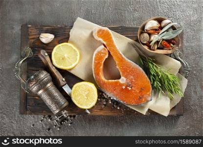 raw salmon fish, diet food, salmon steak