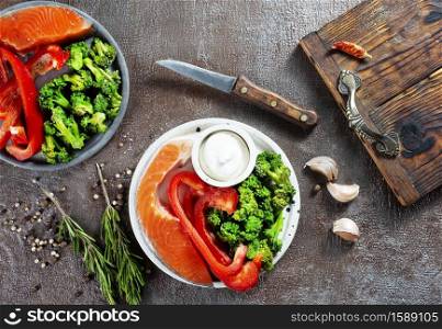 raw salmon fish, diet food, salmon with vegetables