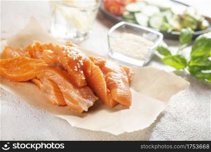 Raw Salmon fish, fresh salmon fillet with ingredients for cooking