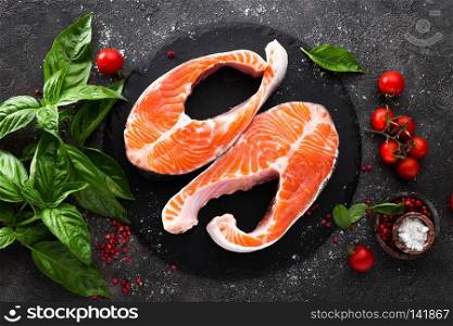 Raw salmon fish. Salmon steaks