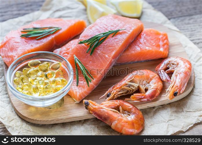 Raw salmon on the wooden board