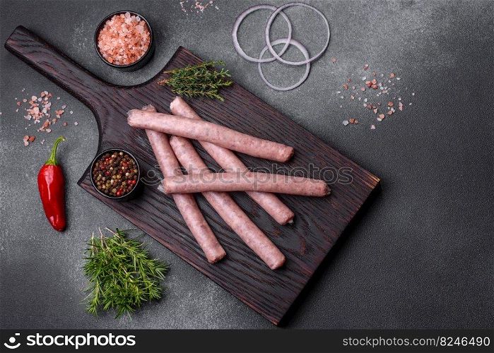 Raw sausages and ingredients for cooking. Top view with copy space on stone table. Raw sausages with spices on a wooden cutting board on a stone background with copy space for your text