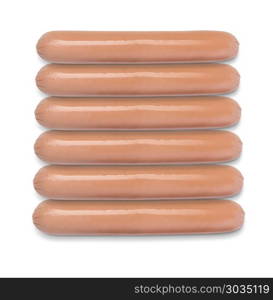 raw sausages isolated on white background. Top view. raw sausages isolated