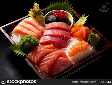 Raw seafood fish sashimi traditional meal on black background.AI Generative