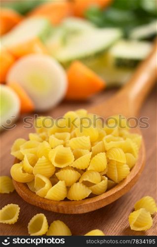 Raw shell pasta or conchiglioni on wooden spoon with raw vegetables (carrot, leek, zucchini) in the back (Selective Focus, Focus one third into the pasta on the spoon) . Raw Shell Pasta with Vegetables