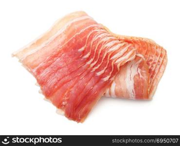 Raw, smoked bacon isolated on white background. Top view