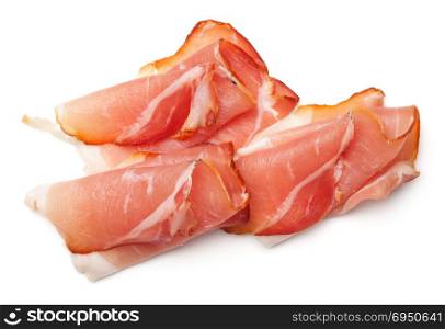 Raw smoked black forest ham isolated on white background. Top view