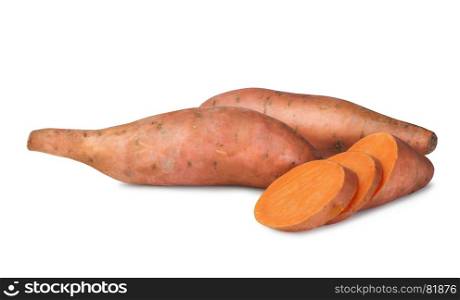 Raw sweet potatoes isolated on white background
