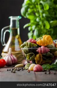 Raw tricolor conchiglioni pasta in glass bowl with oil and garlic, basil plant and tomatoes with pepper and linen towel on wooden table background.