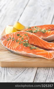 Raw trout steaks on the wooden board