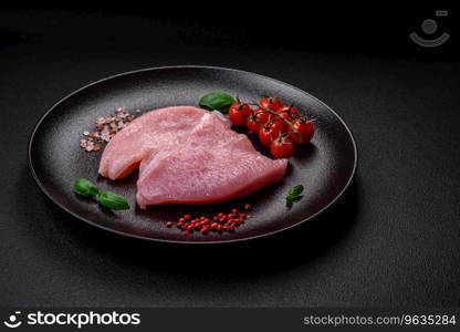 Raw turkey meat in the form of slices with salt, spices and herbs on a dark concrete background