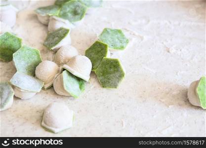 raw two-tone white and green dumplings with spinach, cheese or meat on a table with flour