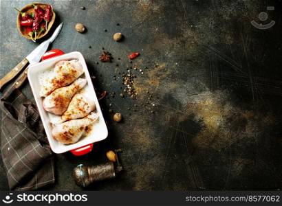 Raw uncooked chicken legs, meat with ingredients for cooking. Raw uncooked chicken legs, drumsticks in bowl, meat with ingredients for cooking