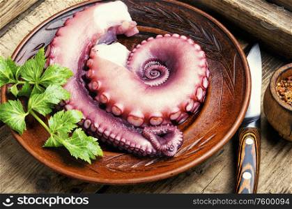Raw uncooked octopus and a set of spices for cooking.. Raw octopus on wooden table
