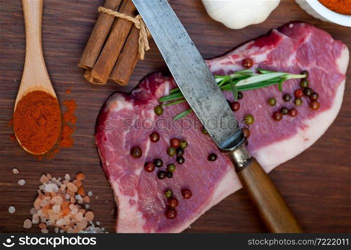 raw uncooked ribeye beef steak butcher selection