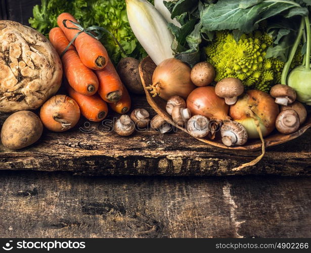 raw vegetables and edible root various on dark wooden rustic background