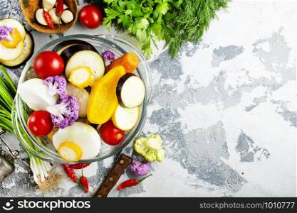 raw vegetebles in glass bowl, fresh vegetables for baking