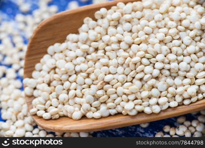 Raw white quinoa in spoon, selective focus, closeup