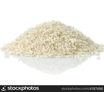 raw white rice , close up on white background