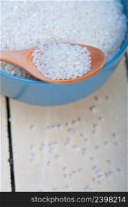 raw white rice on wood spoon and blue bowl extreme close up
