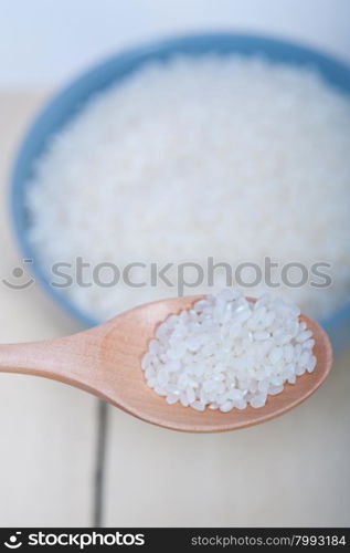 raw white rice on wood spoon and blue bowl extreme close up