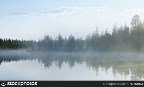 Rays of morning light fall on the mirror surface of a forest northern lake through the trees and white dense fog - atmospheric natural landscape. Selective focus, blurred filter.