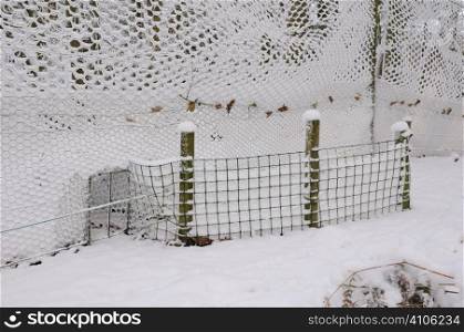 Re entry funnel of a pheasant pen covered in snow