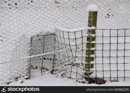 Re entry funnel of a pheasant pen covered in snow